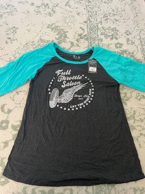 Full Throttle Saloon Charcoal & Teal Raglan Long Sleeve Tee - Women's